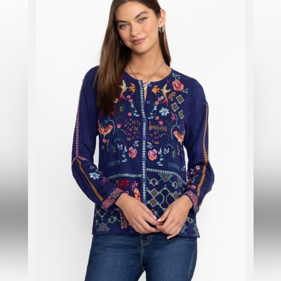 New Johnny Was Navy Floral Embroidered Button Front Blouse size XL - Picture 9 of 12